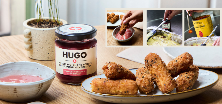 Croquettes Vacherin Fribourgeois AOP, pickles d'oignons rouges HUGO, maïs